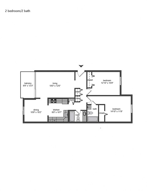the floor plan of 2 bedroom 2 bath